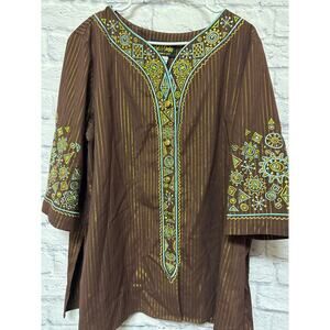Bob Mackie Wearable Art Brown Gold Metallic Embroidered Women's Top SZ 1X